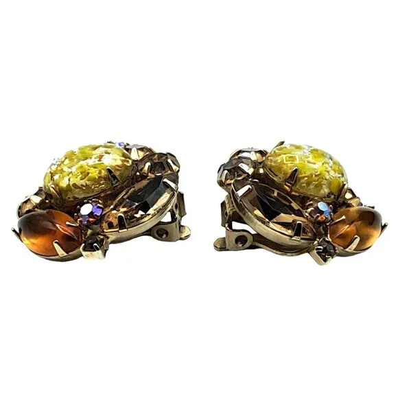 Yellow Foil Art Glass Rhinestone Earrings Autumn Colors Vintage Costume Jewelry - Picture 6 of 8